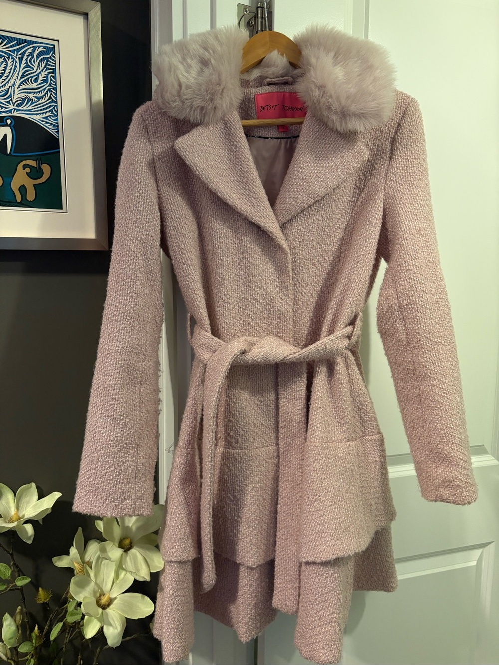 Betsey Johnson Pink Faux-Fur Collar Tie-Waist Coat S